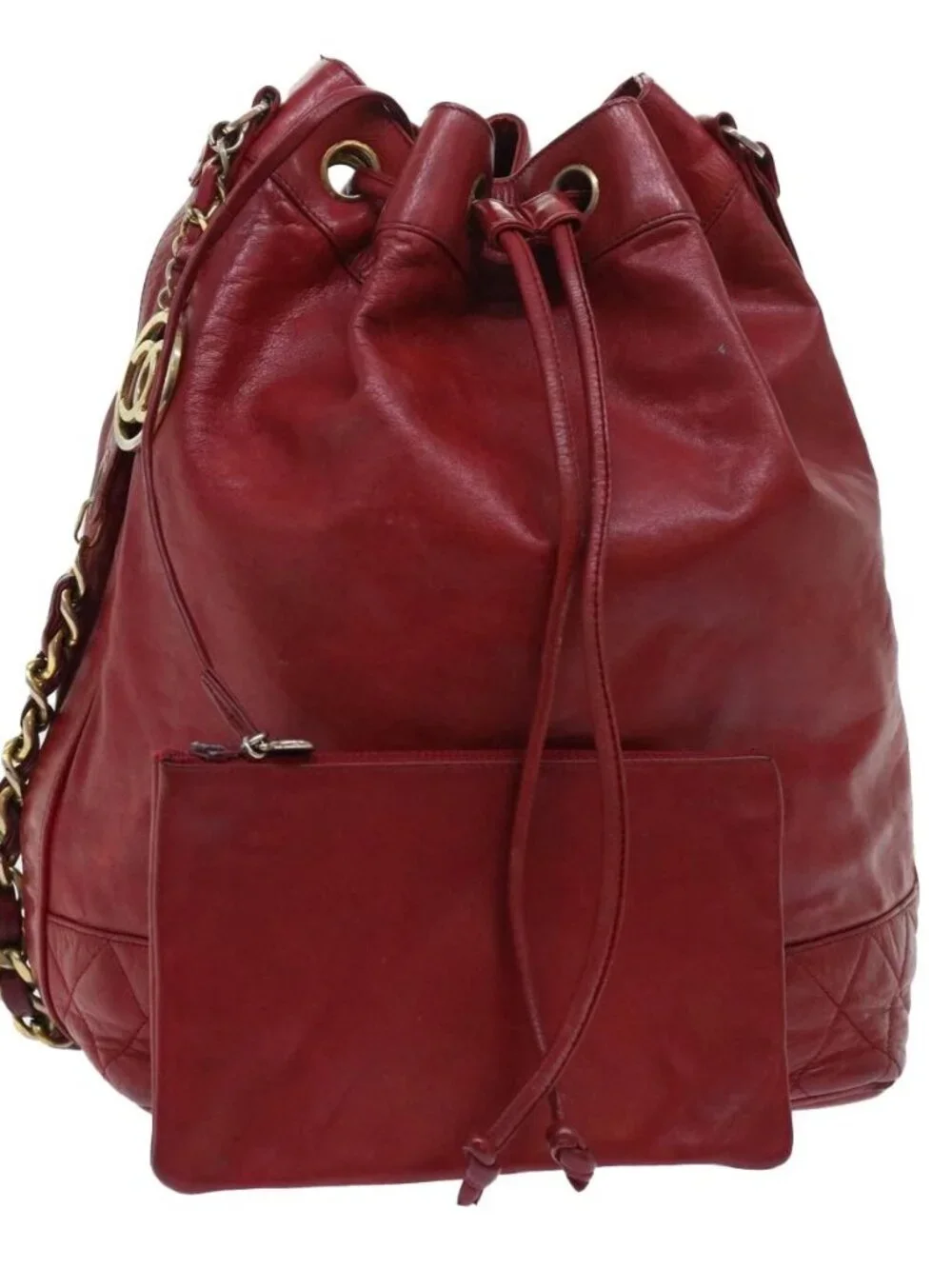 CHANEL Chain Shoulder Bag Lamb Skin Red CC Auth bs7902